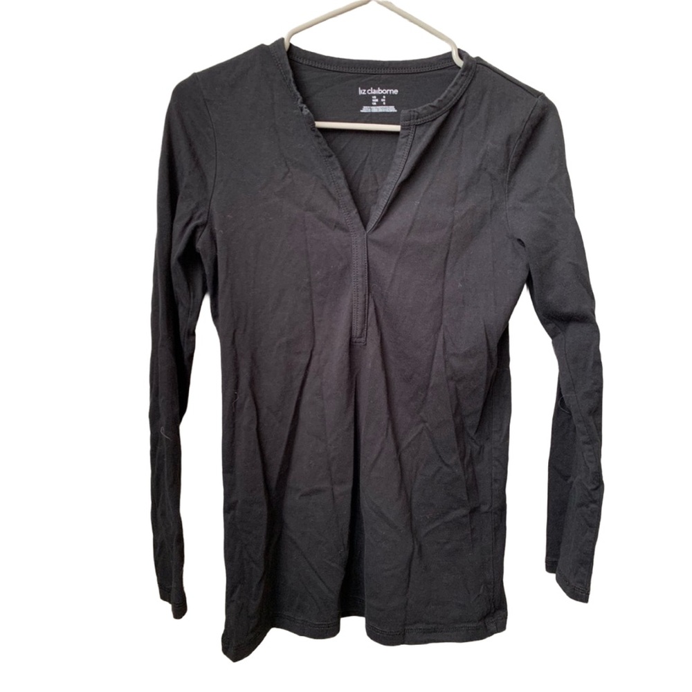 LIZ CLAIBORNE Women’s Black Cotton Long Sleeve Split V-neck Tee Shirt Blouse